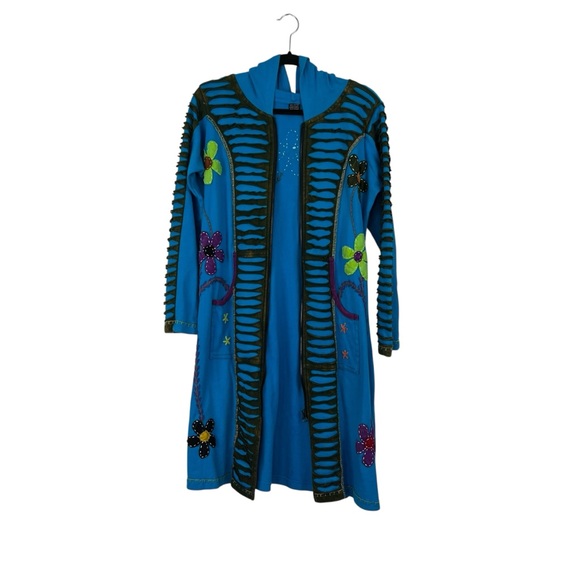 Boho Hippie Hooded Jacket Colorful Embroidered Flowers Cutout Design Size Large - Picture 6 of 11